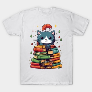 Funny Christmas Cat Books Tree T-Shirt